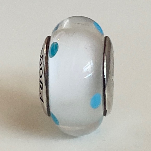 Pandora White & Teal Polka Dots Murano Charm - Picture 1 of 7